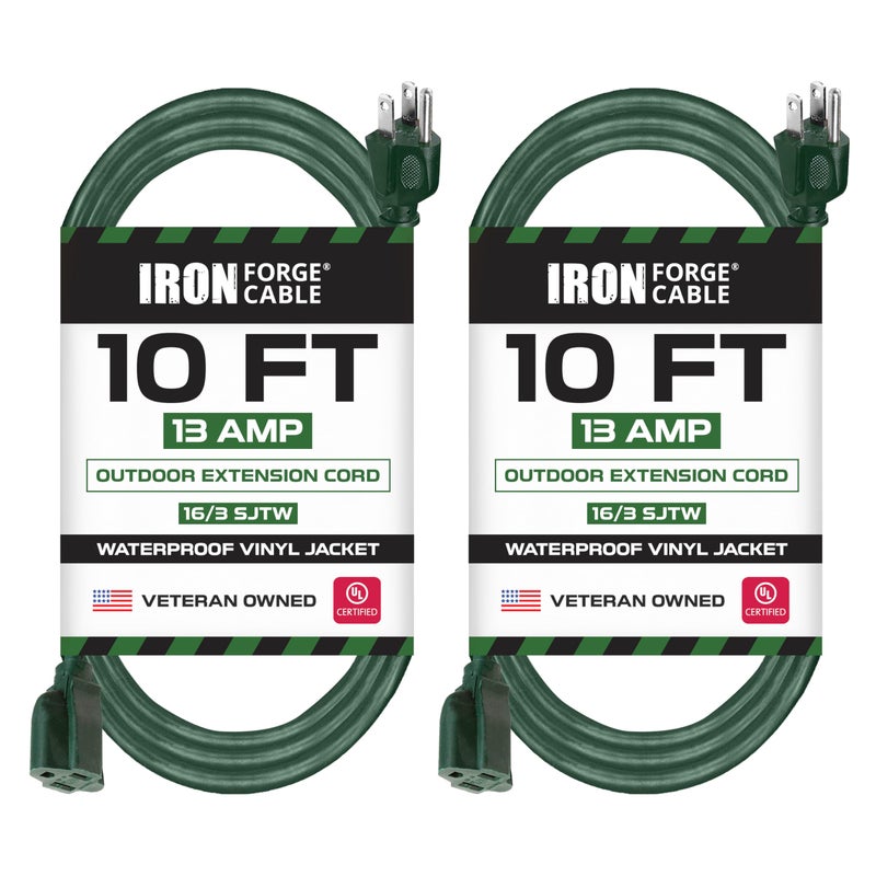 Iron Forge Cable 2 Pack Weatherproof 10 Ft Outdoor Extension Cord - 16/3 SJTW Heavy Duty Green Extension Cord 3 Prong - 13 Amp Exterior Power Cable - Image 1